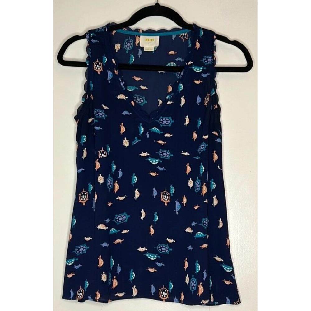 Maeve Anthropologie Navy Blue Sea Turtle Scalloped Blouse 0 XS Nautical Preppy